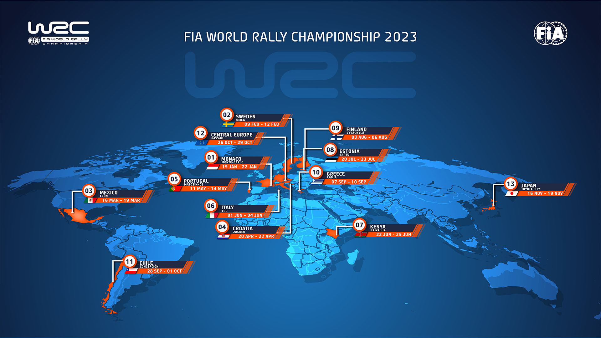 2023年WRCカレンダー（世界ラリー選手権・スケジュール）「復活のラリージャパン2年目も最終戦！全13戦出揃い世界を駆け抜ける☆」 趣味は